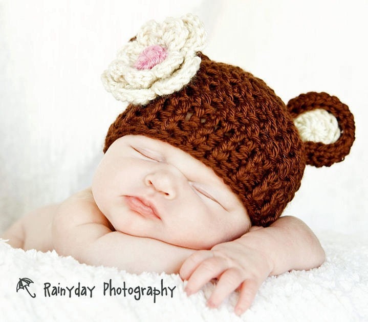 Baby Hat, Newborn Crochet Beanie Hat with Bear Ears and Flower, Chocolate Brown, Oatmeal, Pink-MADE TO ORDER