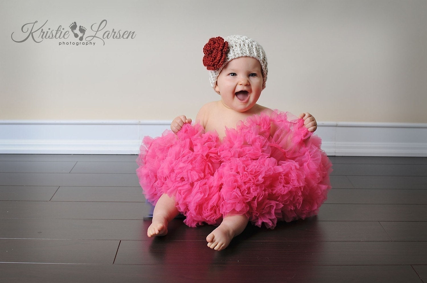 Crochet Baby Girl Beanie Hat With Flower, Oatmeal with dark red flower-MADE TO ORDER