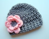 Crochet Baby Hat,  Crocheted Infant to Girls Beanie Hat With Flower, Heather Gray and Light Pink, MADE TO ORDER