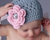 Baby Hat, Crochet Baby Hat, Gray and Pink, MADE TO ORDER
