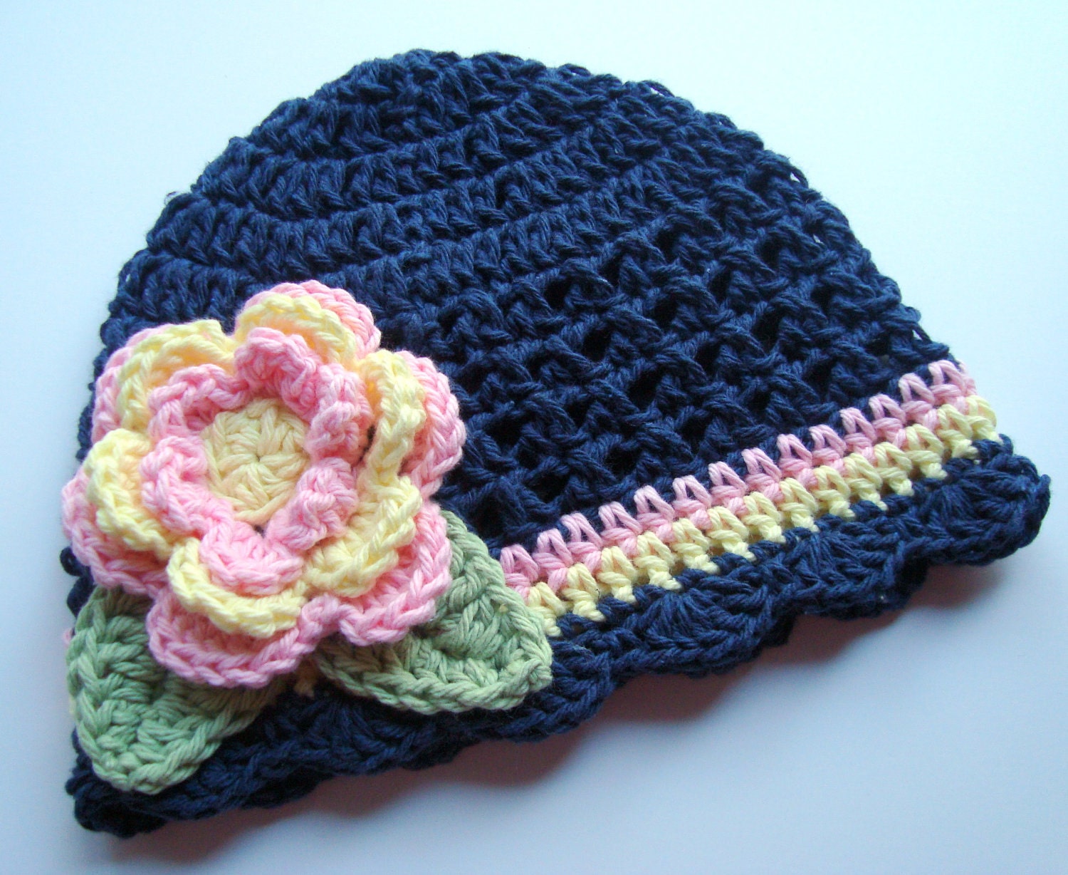Crochet Baby Hat, Dark Denim Blue Crochet Beanie Hat with Flower, MADE TO ORDER in your size request