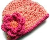 Coral and Hot Pink Baby Crochet Baby Beanie, 100 Percent Cotton, MADE TO ORDER in your size request