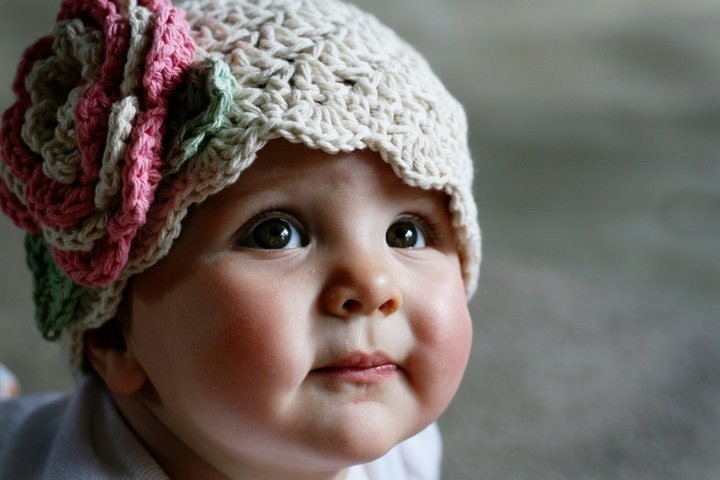 Hand Crocheted Beanie Hat for infant/toddler girls-Ecru/rose/sage green-MADE TO ORDER
