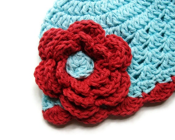Baby Girl Hat, Crochet Baby Hat, Girls Cotton Crochet Beanie Hat, Robins Egg Blue and Country Red-MADE TO ORDER