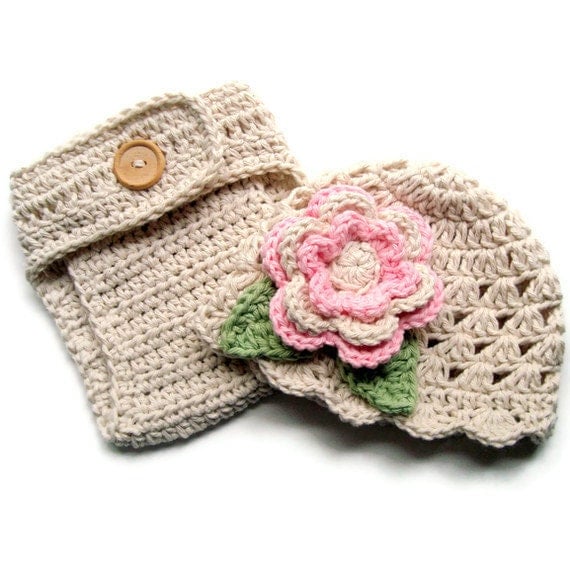 Crochet Baby Hat, Diaper Cover, Hand Crocheted Beanie Hat and Diaper Cover Set, 0-3 Months, Ecru/Pastel Pink/Sage Green-MADE TO ORDER