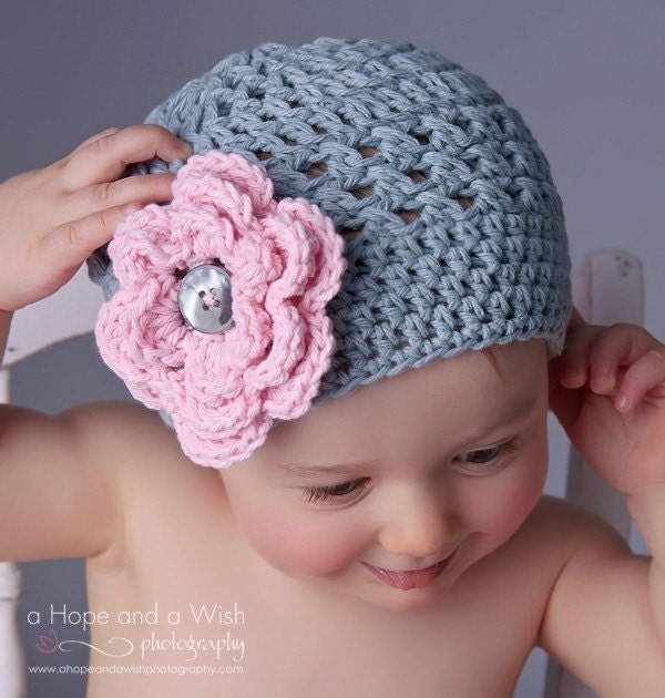 Crochet baby Hat, Girls Cotton Beanie Hat, Ecru and Coral, MADE TO ORDER
