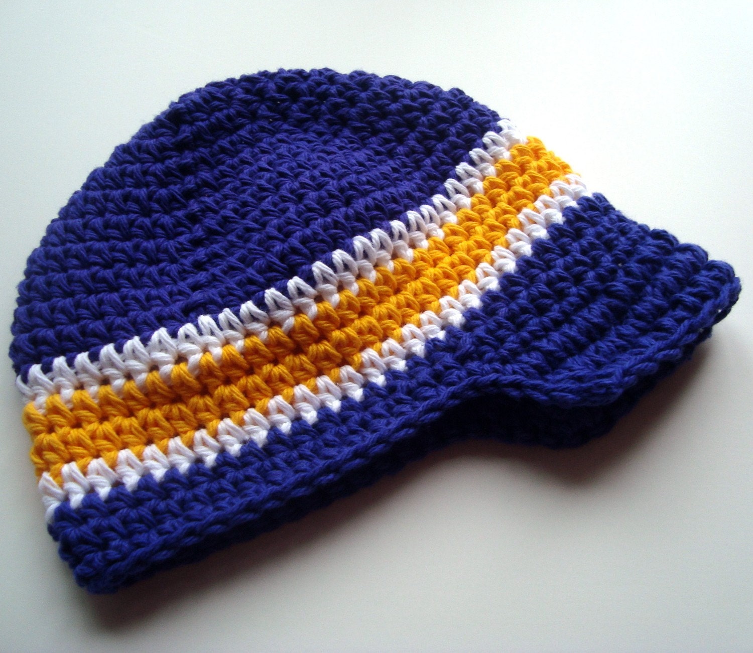 Boys Crochet Hat, Crochet Visor Beanie Hat, Purple/Gold/White, colors of the Minnesota Vikings-MADE TO ORDER