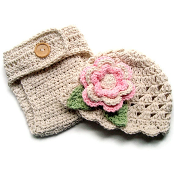 Crochet Baby Hat, Diaper Cover, Hand Crocheted Beanie Hat and Diaper Cover Set, 0-3 Months, Ecru/Pastel Pink/Sage Green-MADE TO ORDER