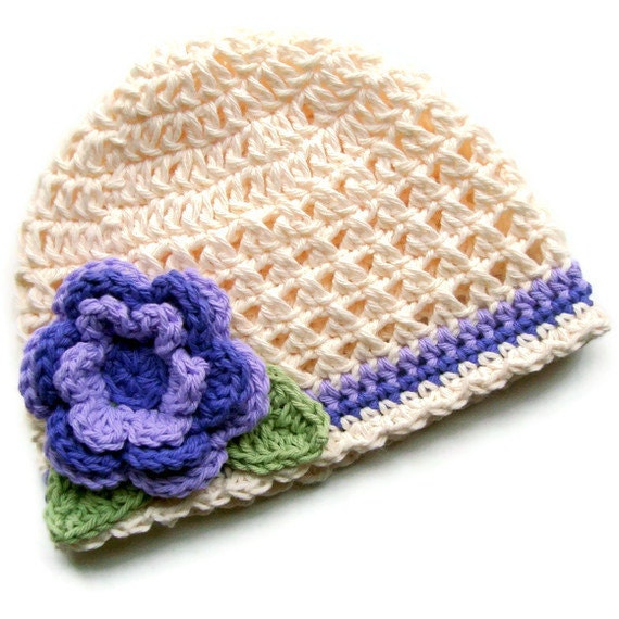 Simply Girly Cream and Lavender Crochet Beanie-custom made for newborn up to 5T-MADE TO ORDER