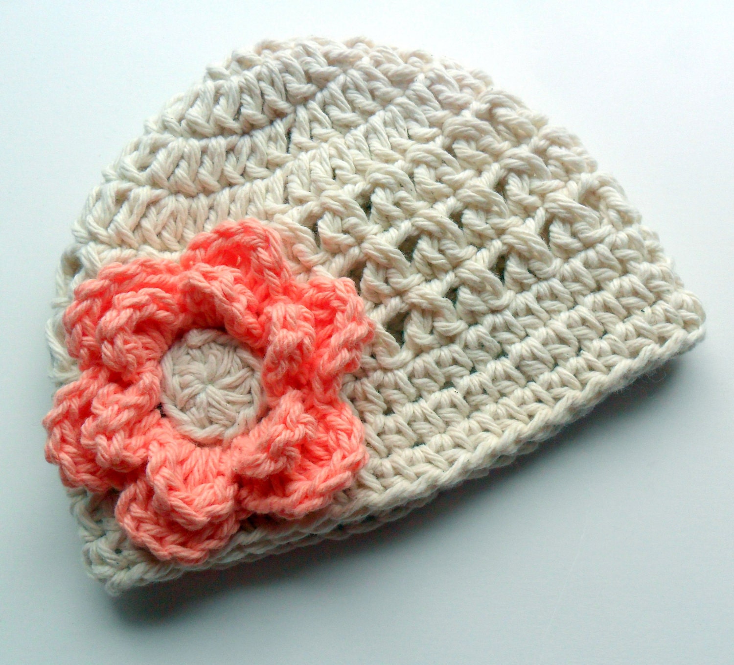 Crochet baby Hat, Girls Cotton Beanie Hat, Ecru and Coral, MADE TO ORDER
