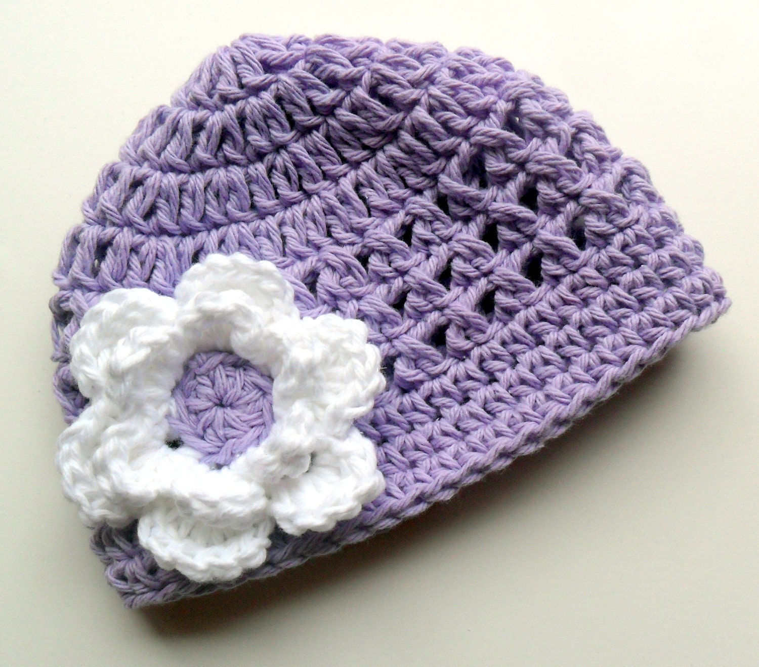 Crochet baby Hat, Girls Cotton Beanie Hat, Lavender and White, MADE TO ORDER