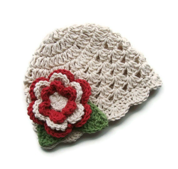 Crochet Baby Hat, Crochet Infant beanie hat with Flower, ecru, country red, sage green-MADE TO ORDER
