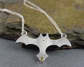 Bat Necklace Pendant, Halloween Jewelry, One of a Kind, Lucky Bat pendant - Silver and Topaz gemstone, Handmade gifts under 50.00