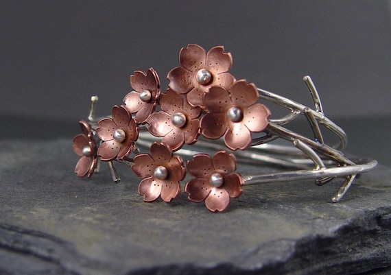 Cherry Blossom Flower Branch Cuff, 1 Sakura bracelet, Gifts For Mom, Spring Wedding Jewelry, Plum Blossom, Wedding Jewelry,