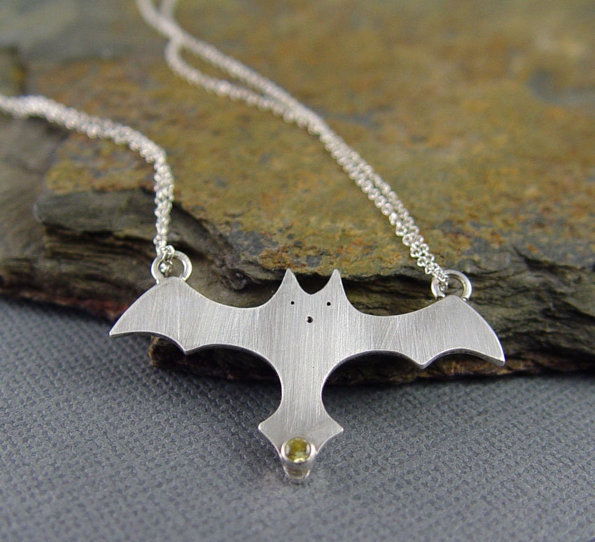 Bat Necklace Pendant, Halloween Jewelry, One of a Kind, Lucky Bat pendant - Silver and Topaz gemstone, Handmade gifts under 50.00