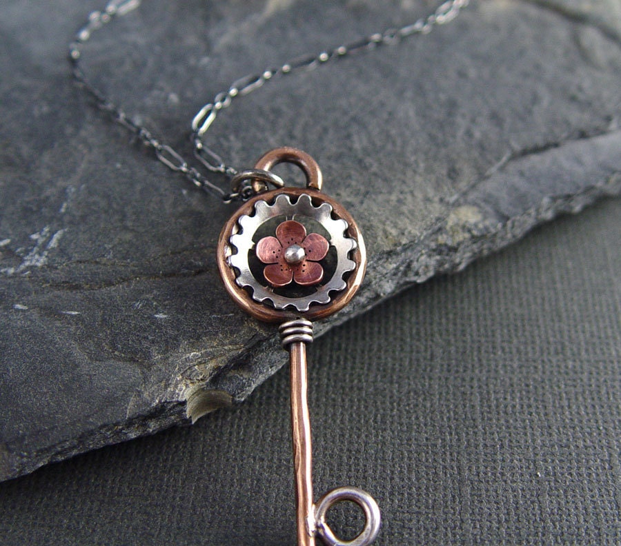 Steampunk Cherry Blossom Key, Mixed Metal Key, Metalsmithing, sakura, spring Jewelry, Gifts for Her, Mother's Day