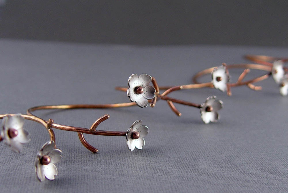 Cherry Blossom Bronze Cuff, Sakura bracelet, Spring Flower Cuff, Gifts for Mom, Gifts for her, Silver Plum Cuff