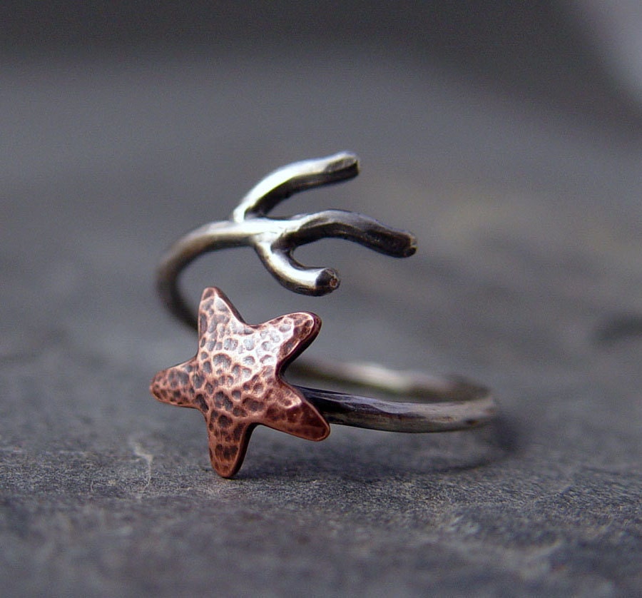 Copper Starfish Coral Branch Adjustable Ring, Star ring, Starfish Ring, MADE to ORDER, Ocean Jewelry, Gifts under 40.00, Handmade