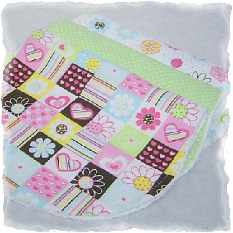 Set of 3 Contoured Terry Cloth n Flannel Burp Cloths - Pink, Brown n Green Hearts n Flowers