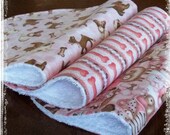 Set of 3 Contoured Terry Cloth n Flannel Burp Cloths -  Pink n Brown Puppy Dogs Boutique quality