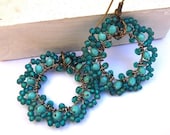 Dangle, Drop, Hoop, Teal Earrings,  Beadwork, Gunmetal, Intricate Lace Beading, Gunmetal, Green, Seagreen, Bohemia Jewelry, Boho Earrings
