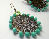 Dangle, Bohemian Earrings, Statement, Filigree, Aqua, Green, Beadwork, Dangle, Hoop Earrings, Spring Jewelry, Colorful,  Bridal Accessories
