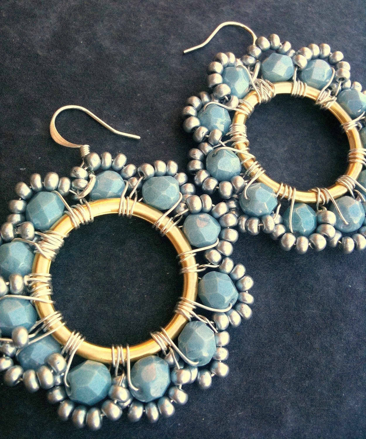 Pale Blue Earrings, Statement Earrings, Intricate Beadwork, Beaded, Dangle, Hoops, Handmade, Holiday, Unique Earrings, Cocktail,
