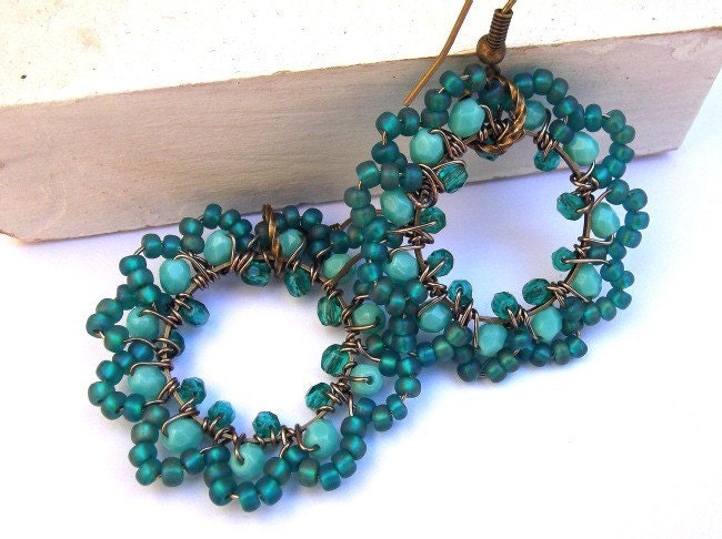 Dangle, Drop, Hoop, Teal Earrings,  Beadwork, Gunmetal, Intricate Lace Beading, Gunmetal, Green, Seagreen, Bohemia Jewelry, Boho Earrings