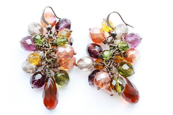 Chandelier Earrings, Drop, Dangle, Beadwork,  Cluster, Orange, Brown Earrings, Fall Colors, Beaded, Copper, Wire Wrapped, Hippie Earrings