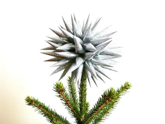 Silver Glittered Christmas Tree Topper Paper Decoration Star Urchin Spiky Decorative Ball - Size Medium (8 inch) - Platinum Sparkler