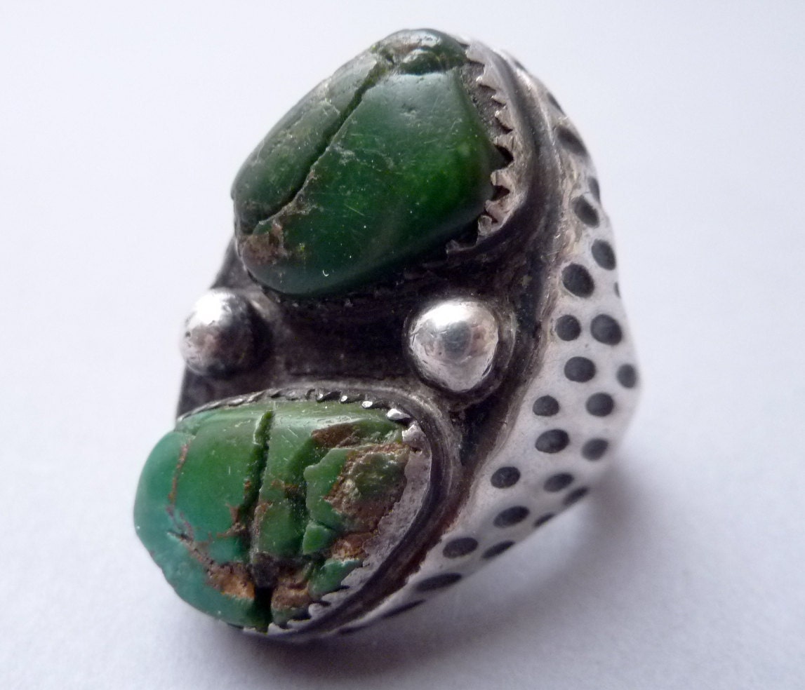 SUPER SALE --- Antique Sterling Size 9 3/4 Huge Double Turquoise Handmade Native American Ring