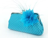 Bridal or Bridesmaids Turquoise Feather Clutch with Flower Brooch 8-inch WINTER PASSION