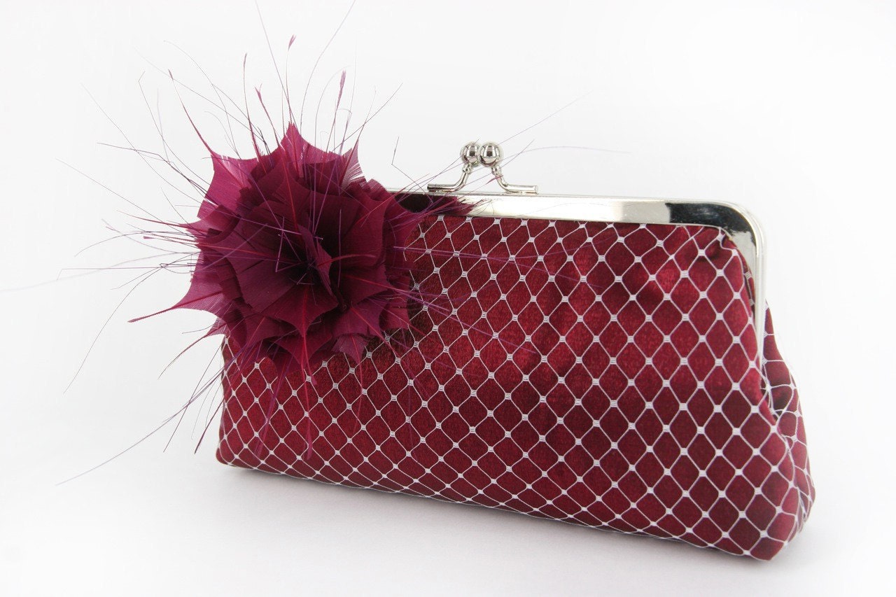 Bridal or Bridesmaids Burgundy Clutch with Handmade Feather Flower Brooch / fascinator 8-inch WINTER GARDEN PASSION