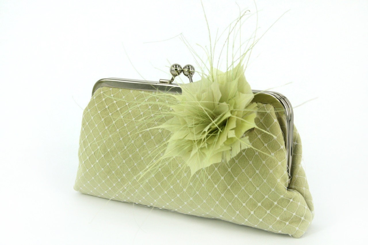Bridal Bridesmaids Feather Flower Clutch Bag in lime light green 8-inch WINTER GARDEN PASSION