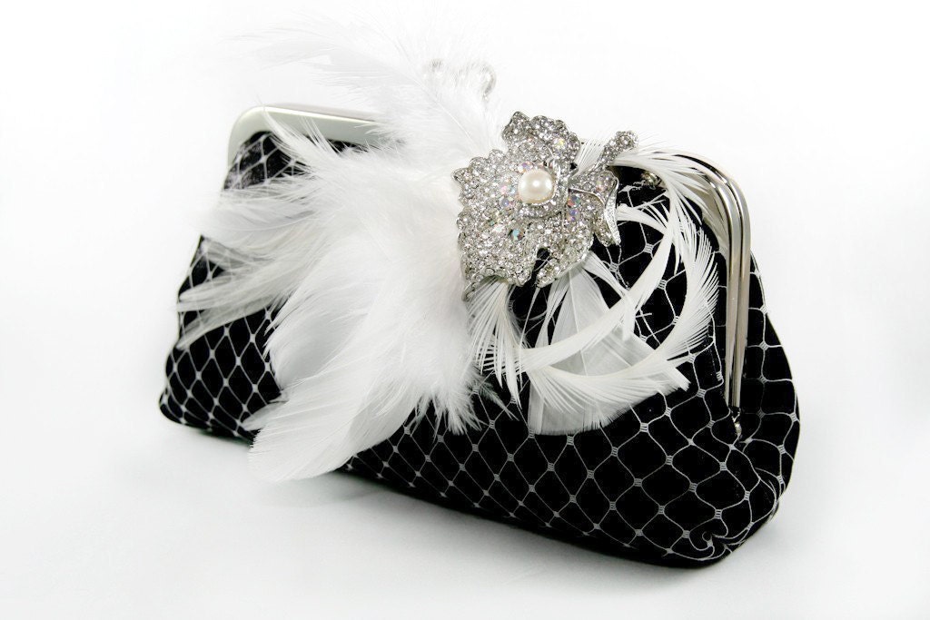 Black Clutch with White Feathery Pearl Brooch 8-inch PASSION