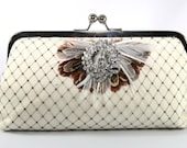 Bridal Champagne Clutch with Brown netting and Sparkly Rhinestone Feather Brooch - 8-inch