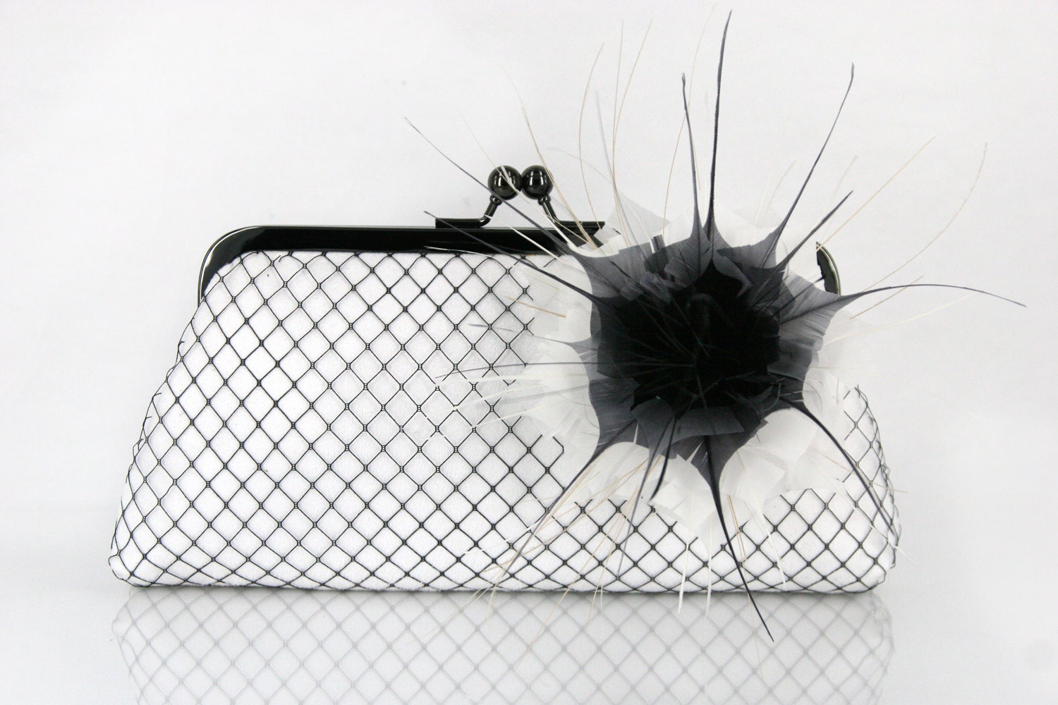 Bridal Black and White Clutch with Flower made with Feathers in Black Gray and White 8-inch