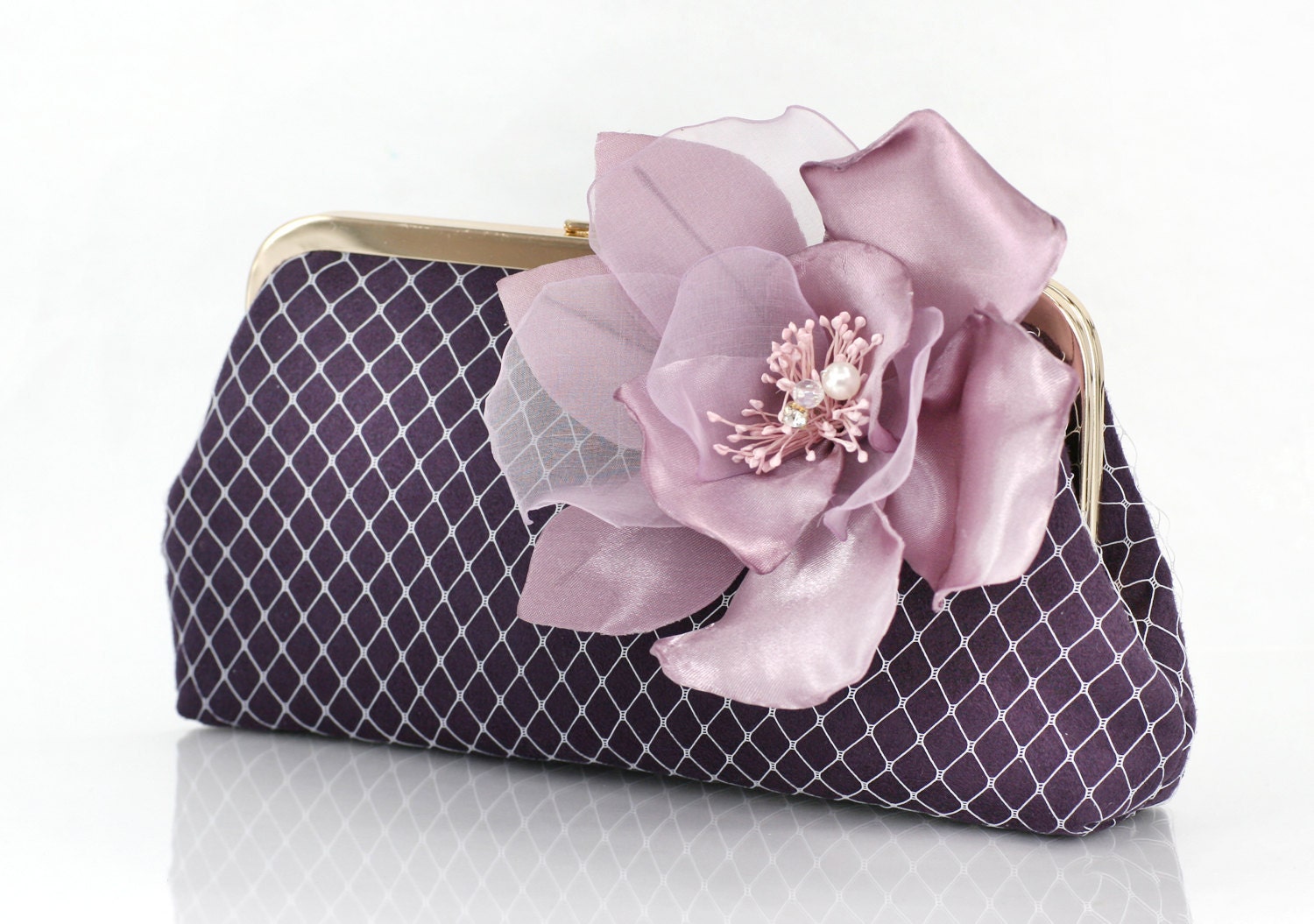 Purple Eggplant Bridal Bridesmaids Clutch with Silk Flower Brooch