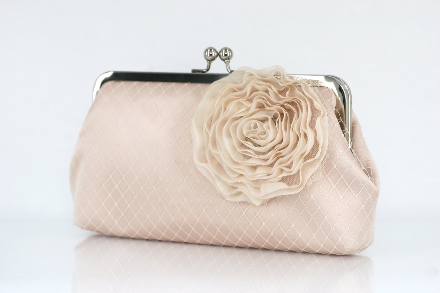 Champagne Bridal Bridesmaids Clutch with Organza Rose brooch 8-inch PASSION