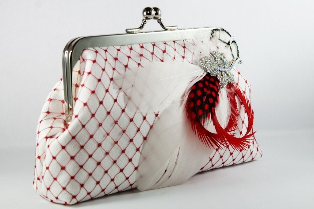 Bridal Clutch with Red and White Feathery Brooch 8-inch PASSION