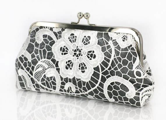 White Lace Bridal Clutch in Shimmery Silver Gray 8-inch L'HERITAGE