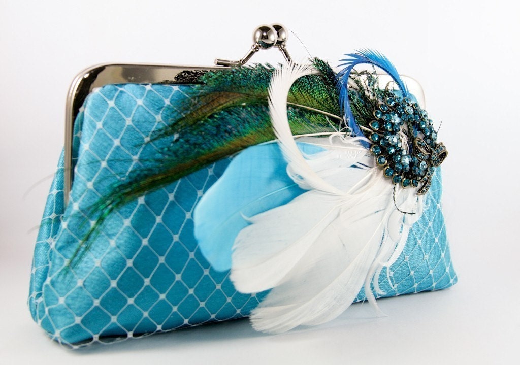 Turquoise Bridesmaids or Bridal Clutch with Peacock Feather Rhinestone Brooch 8-inch PEACOCK PASSION