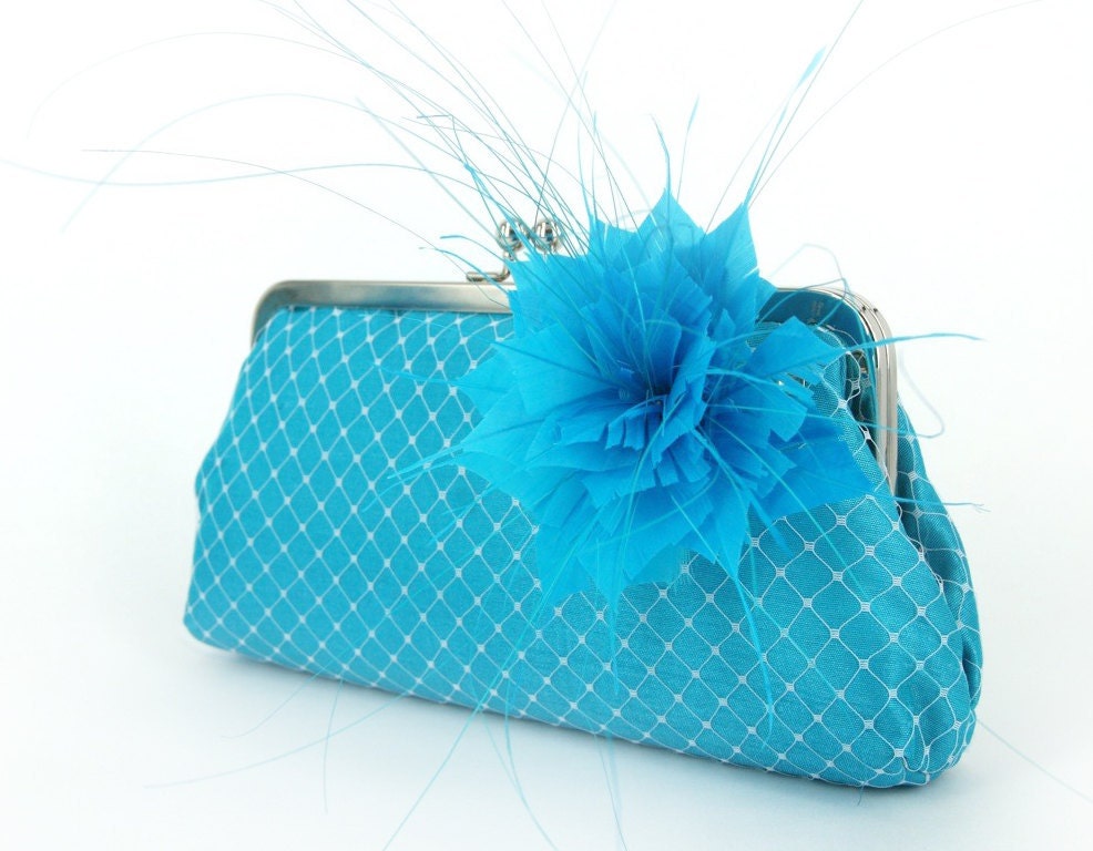 Bridal or Bridesmaids Turquoise Feather Clutch with Flower Brooch 8-inch WINTER PASSION