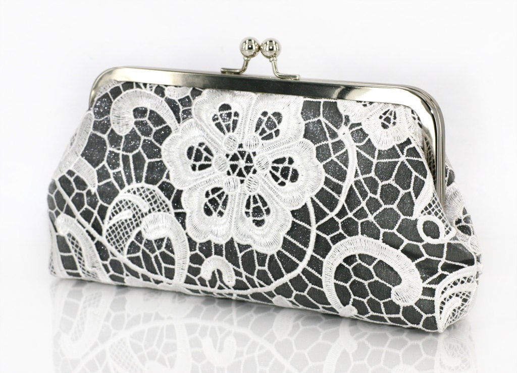 White Lace Bridal Clutch in Shimmery Silver Gray 8-inch L'HERITAGE