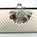Bridal Champagne Clutch with Brown netting and Sparkly Rhinestone Feather Brooch - 8-inch
