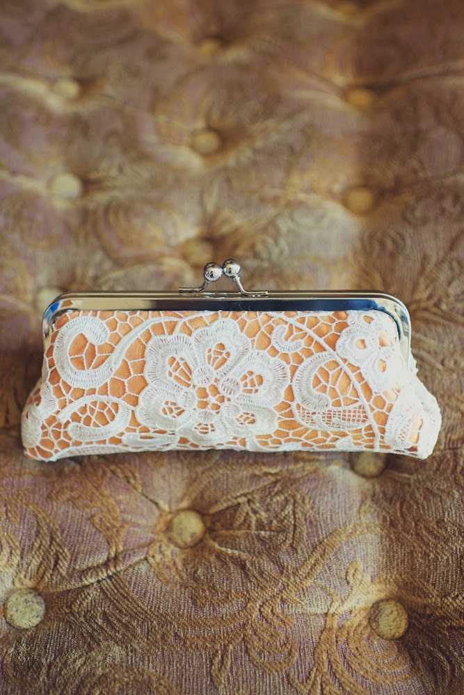White Bridal Lace Clutch in Tangerine Orange 8-inch L'HERITAGE