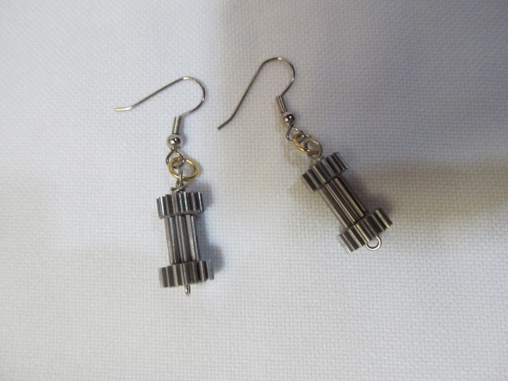Steampunk gearrings earrings upcycled gears from a cordless Milwaukee screwdriver.