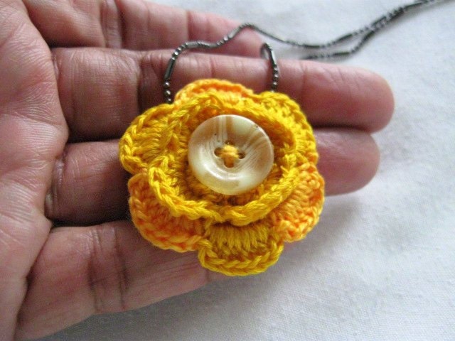 Crochet Necklace, Tiny Mustard Yellow Button Flower Dangle