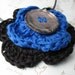 Crochet Flower Necklace, Black and Blue Surprise Winner Gray Button Dangle Pendant
