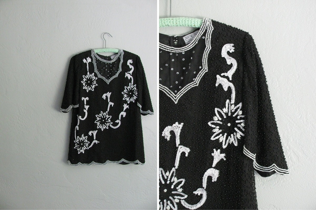s a l e . vintage '20s style FANCY floral BEADED scalloped SEQUINS blouse with sheer bib. size m l.